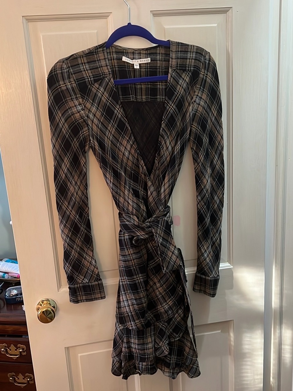 Veronica Beard Black and Tan Plaid Mini Wrap Dress
